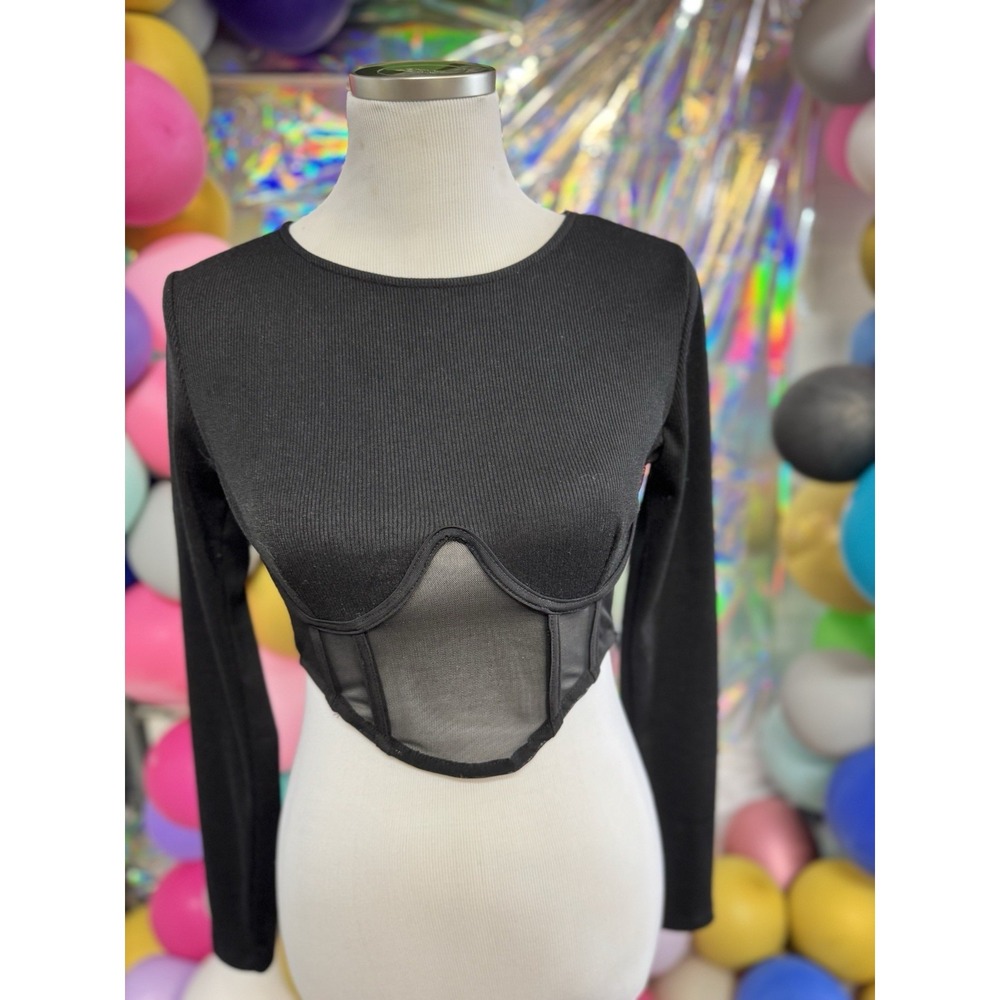 Princess Polly Black Corset Style Long Sleeve Crop‎ Top Mesh Bustier Size 6
